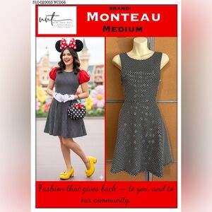 Monteau Black White Polka Dot Fit & Flare Dress Medium Cutout Back Stretch Knit